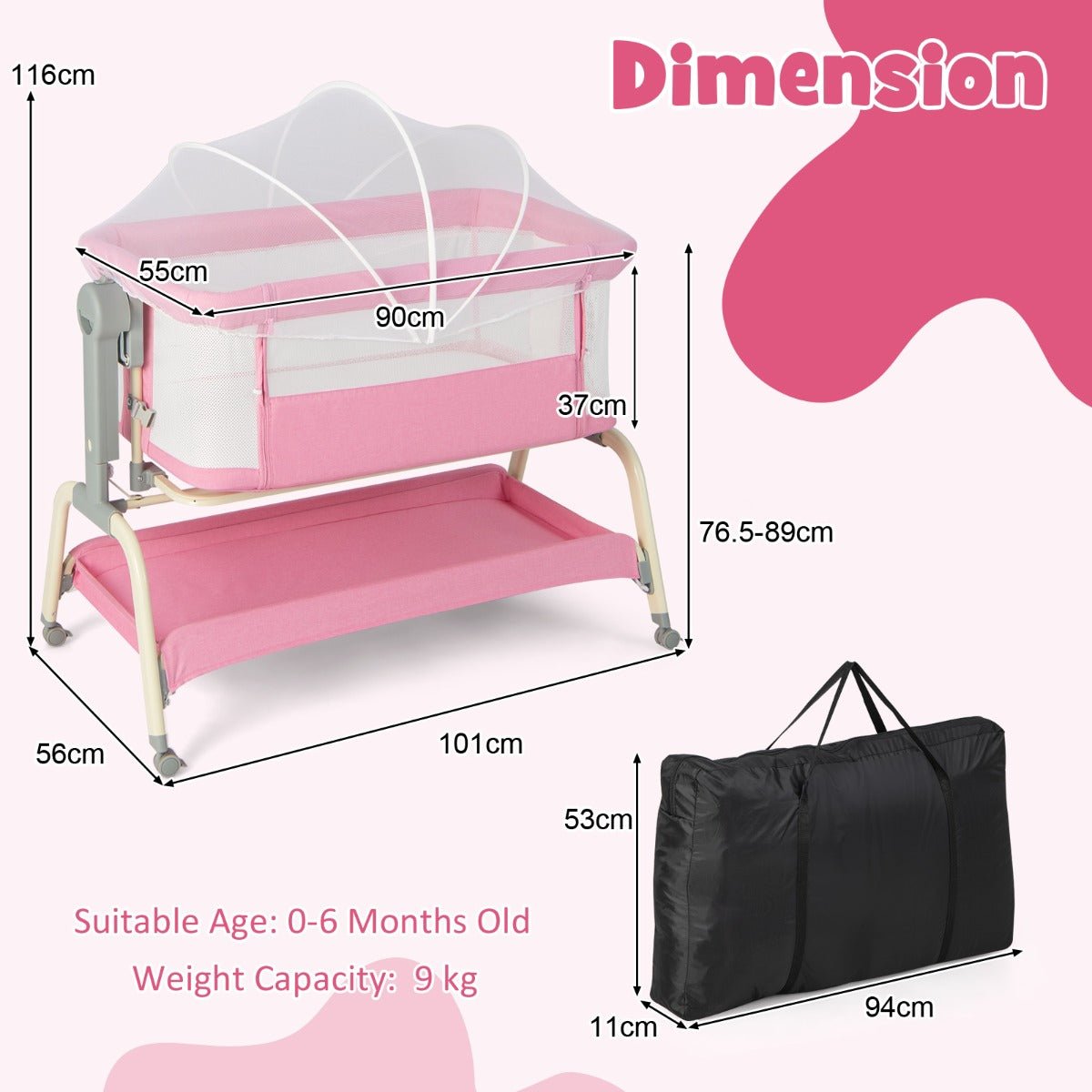 Safe and Adaptable: Pink 3-in-1 Travel Cot for Babies