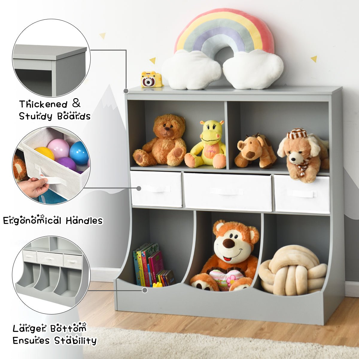 Efficient Kids Room Storage - 3-Layer Grey & White Cubby Bin Combo