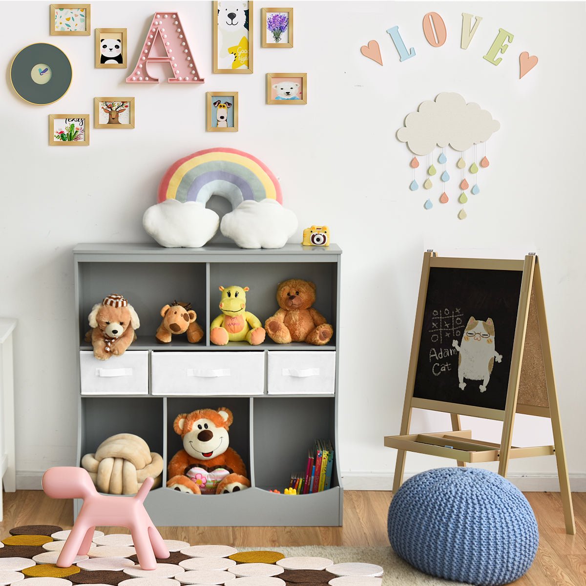 3-Layer Cubby Bin Combo - Kids Room Grey & White Storage Organizer