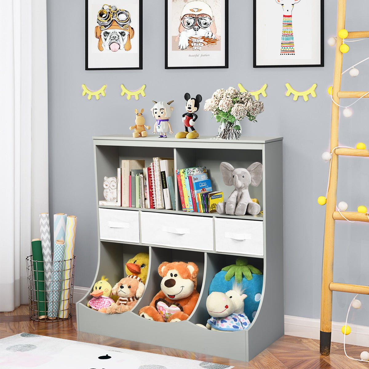 13-Layer Cubby Bin Combo - Efficient Grey & White Storage for Kids Room