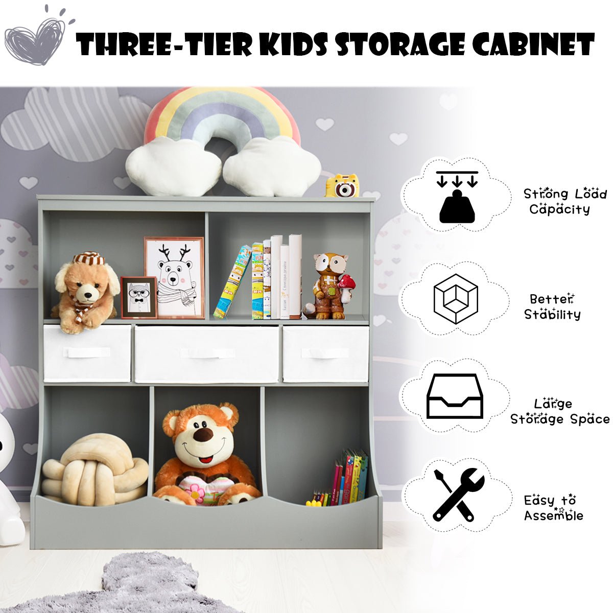 3-Layer Cubby Bin Combo Storage - Grey & White Organizer for Kids Room