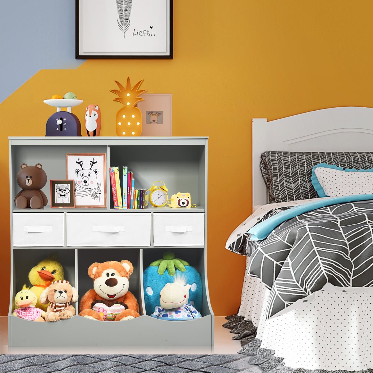 Organize Kids Room with 3-Layer Grey & White Cubby Bin Combo Storage
