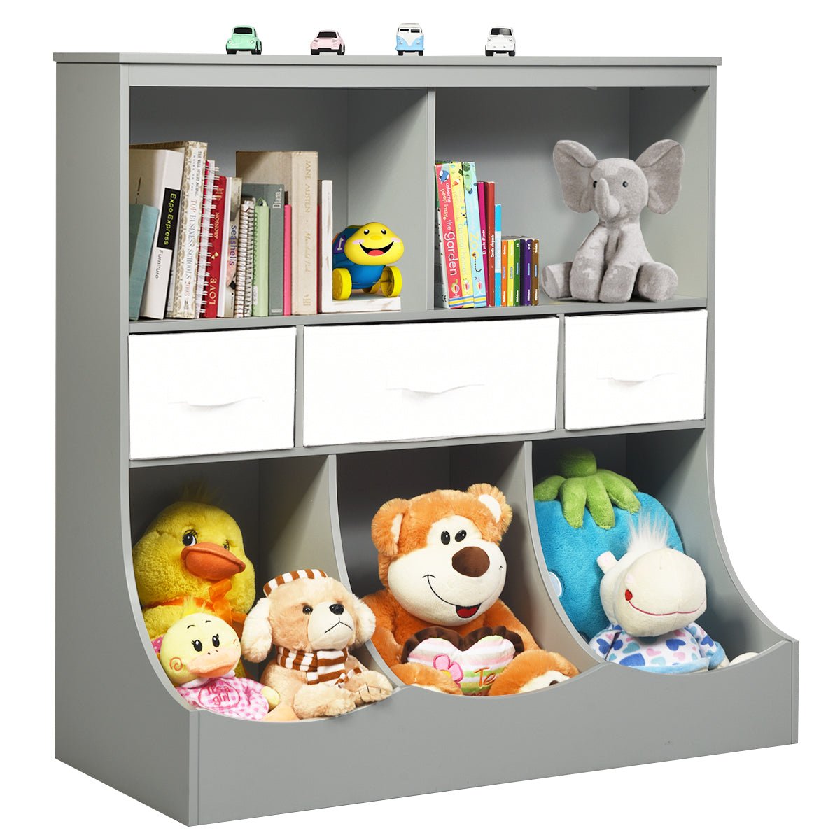 3-Layer Cubby Bin Combo - Grey & White Organizer for Kids Room Storage