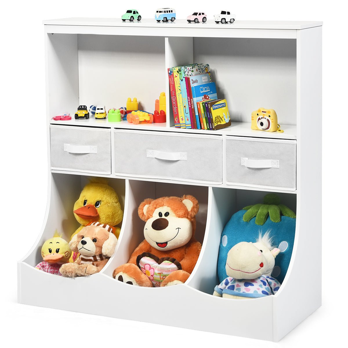 White Kids Room Storage Organizer - 3-Layer Cubby Bin Combo