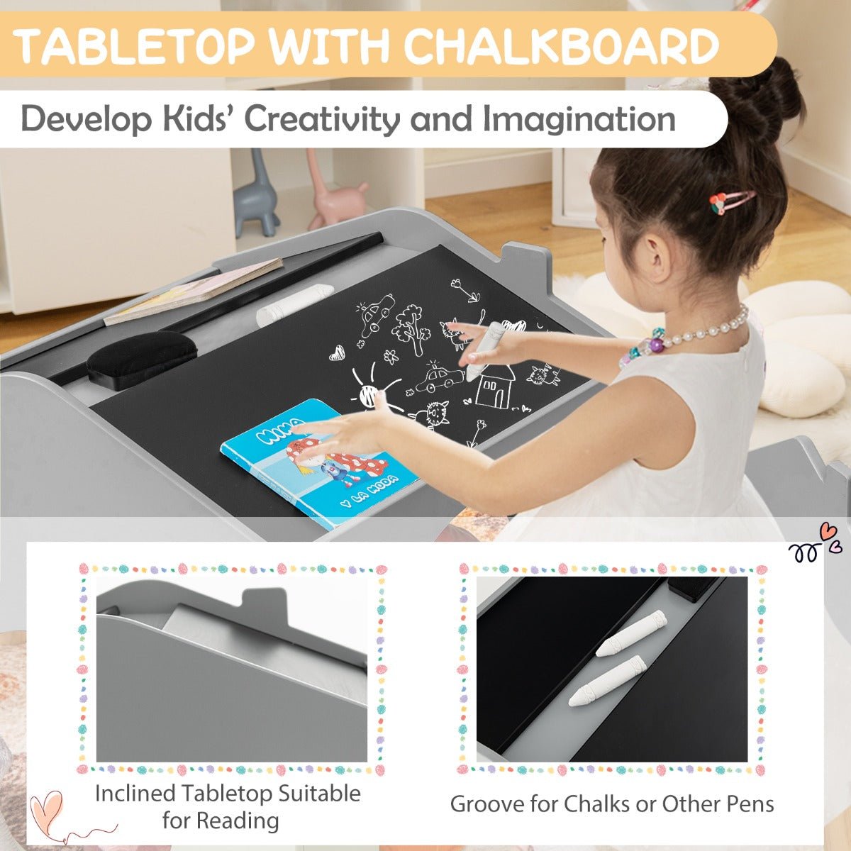 Grey Wooden Table and Chairs: Chalkboard Surfaces for Learning and Play
