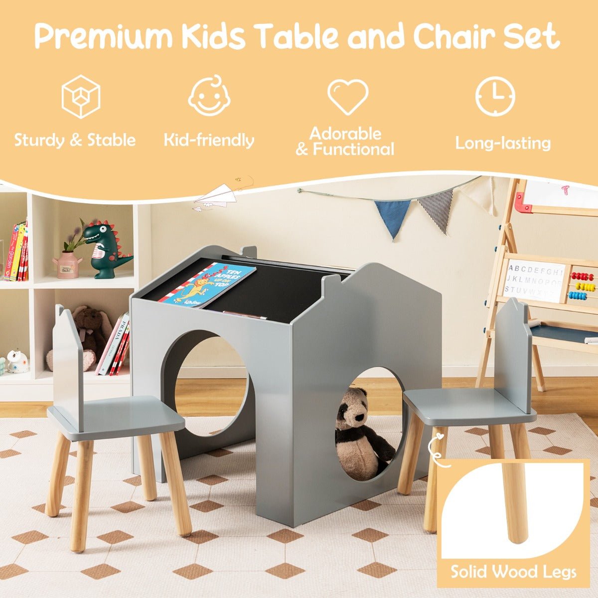 Nurturing Chalkboard Set: Grey Wooden Table and Chair Ensemble for Kids