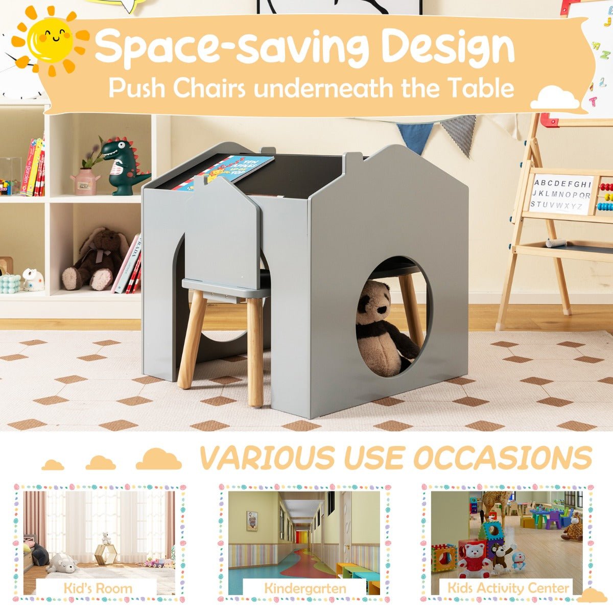 Chalkboard Learning Oasis: Grey Wooden Table and Chair Set for Kids