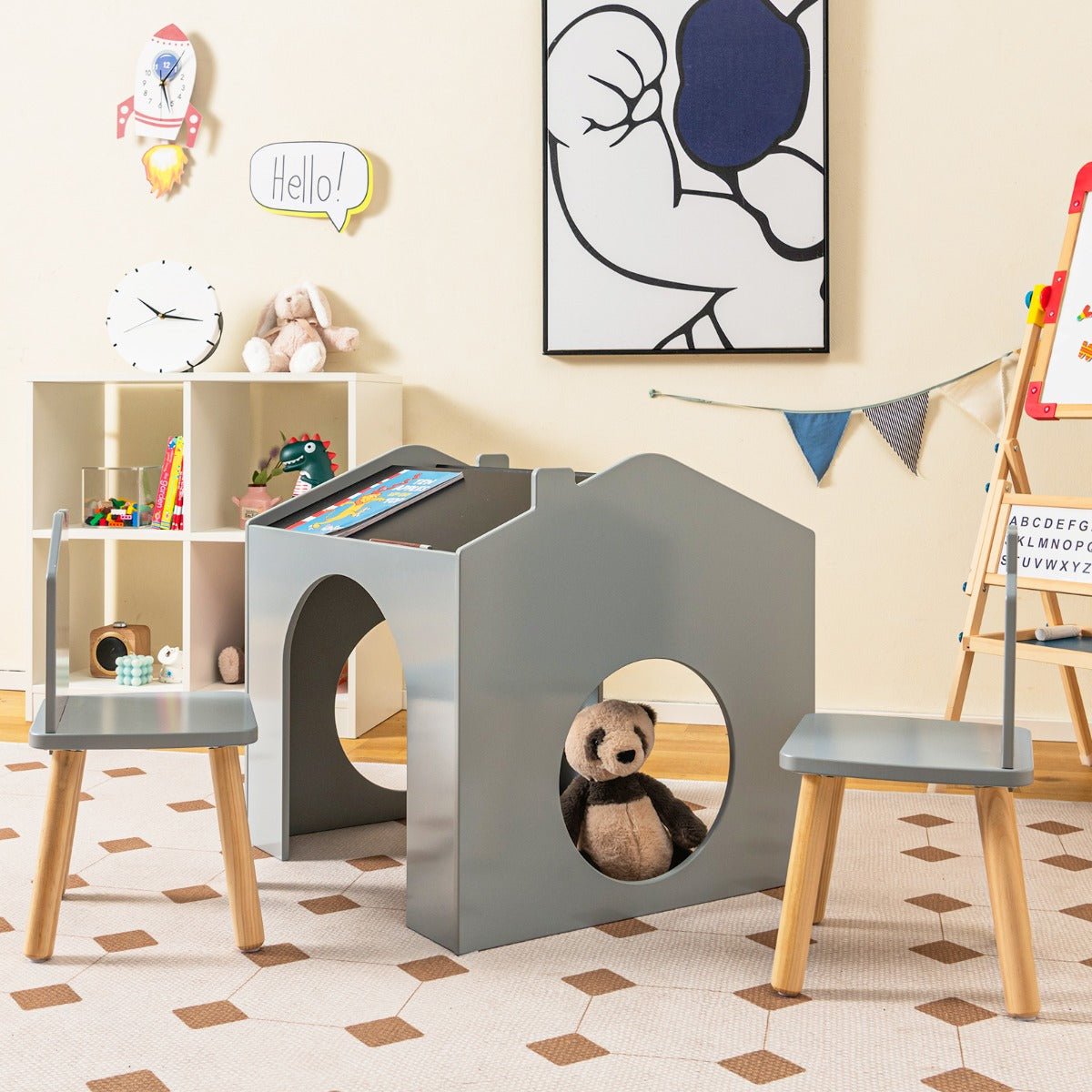 Engaging Grey Chalkboard Set: Wooden Table and Chairs for Playful Learning