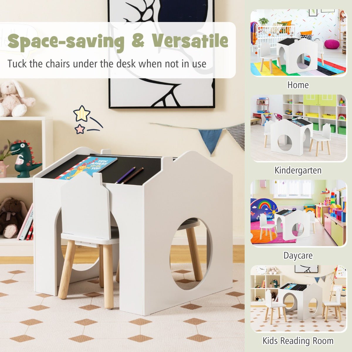 Chalkboard Exploration Set: White Wooden Table and Chairs for Kids