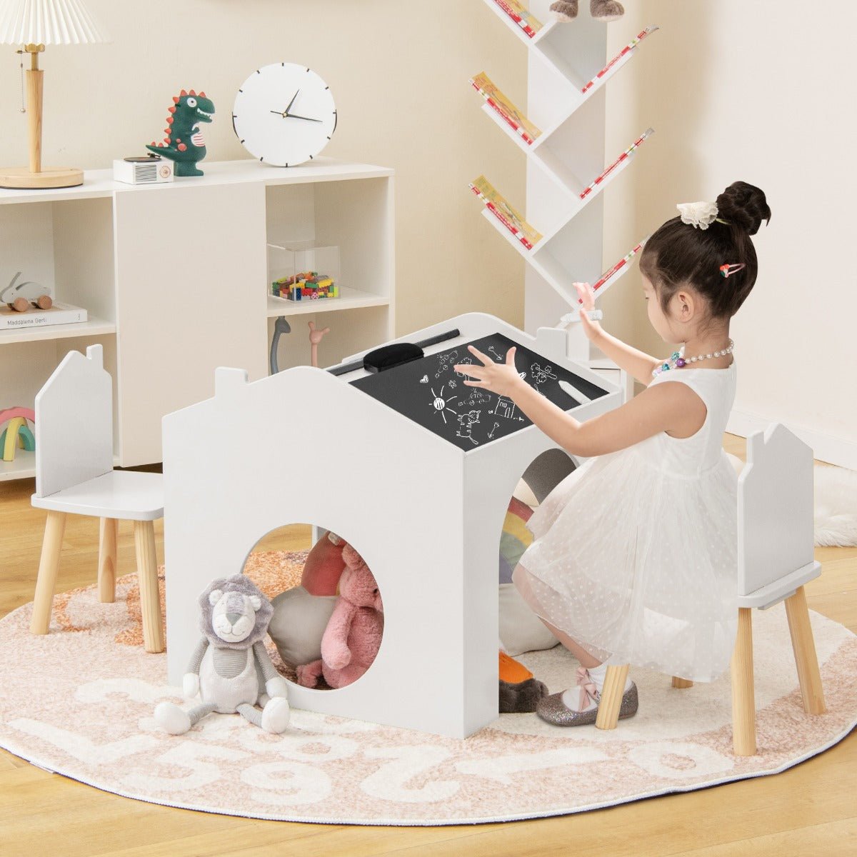Chalkboard Table and Chair Set: White Wood for Kids Imaginative Play