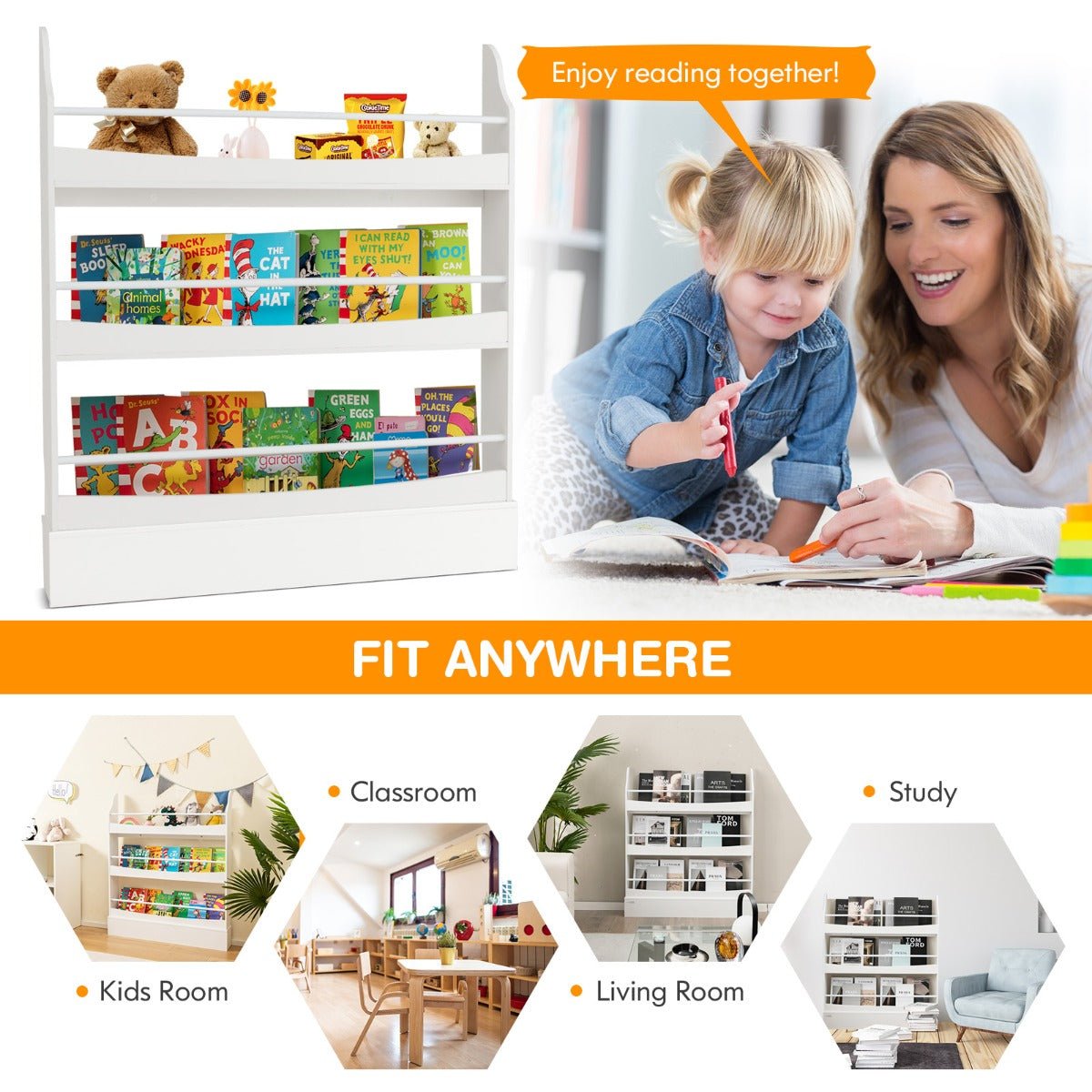 Playful & Secure - 3-Tier Kids Bookcase with Anti-Tipping & Guardrails