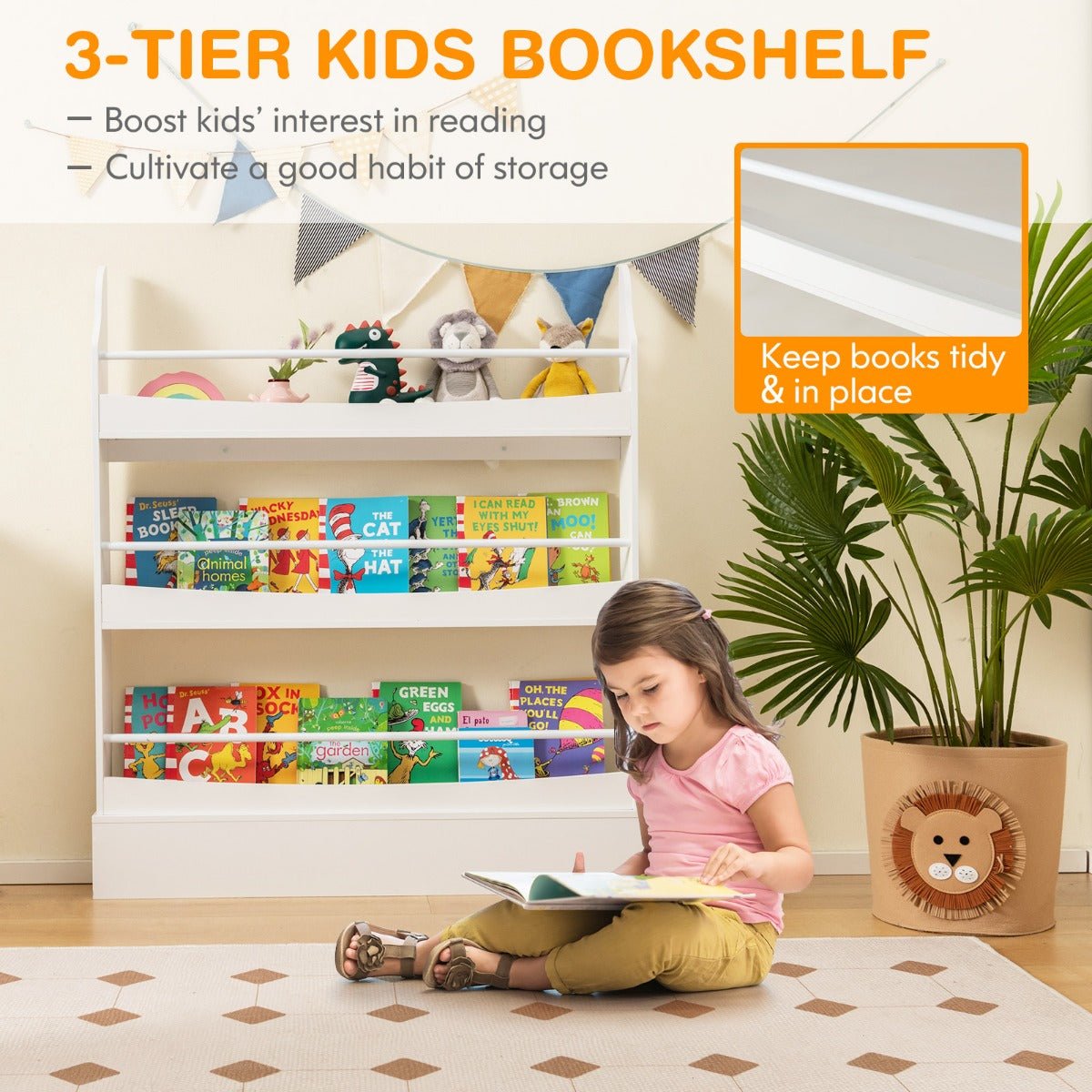 Child-Safe 3-Tier Bookcase with Anti-Tipping Kits & Guardrails