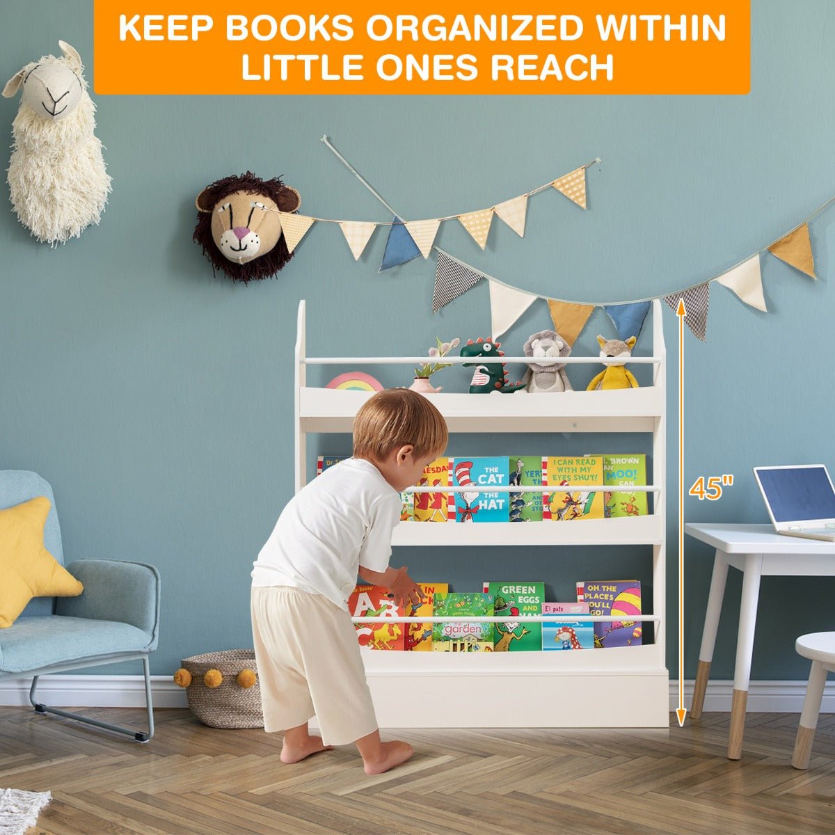 Kid-Friendly 3-Tier Bookcase with Guardrails for Organized Play & Study