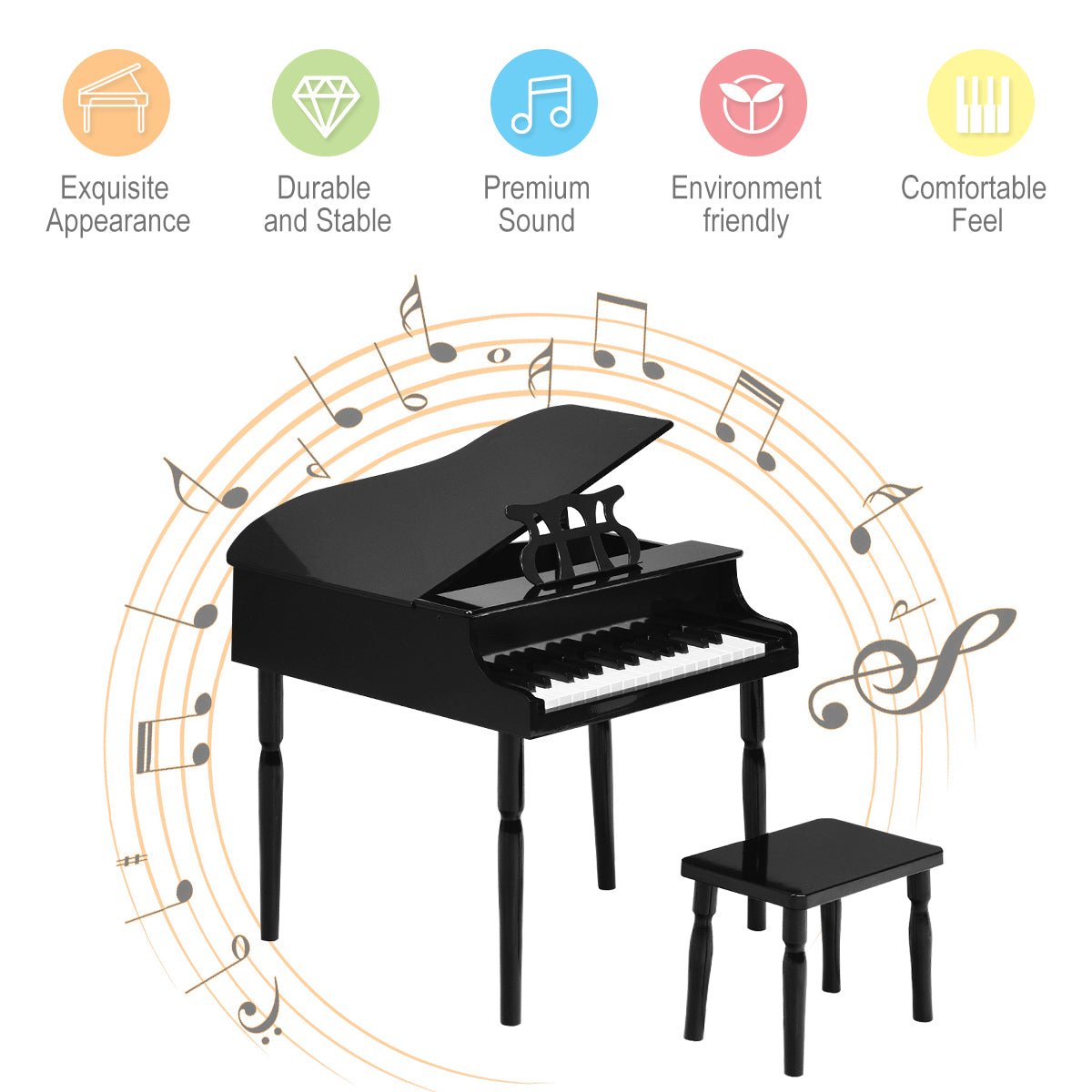 1Playful Melodies: 30-Key Classic Baby Grand Piano with Bench & Music Rack Black