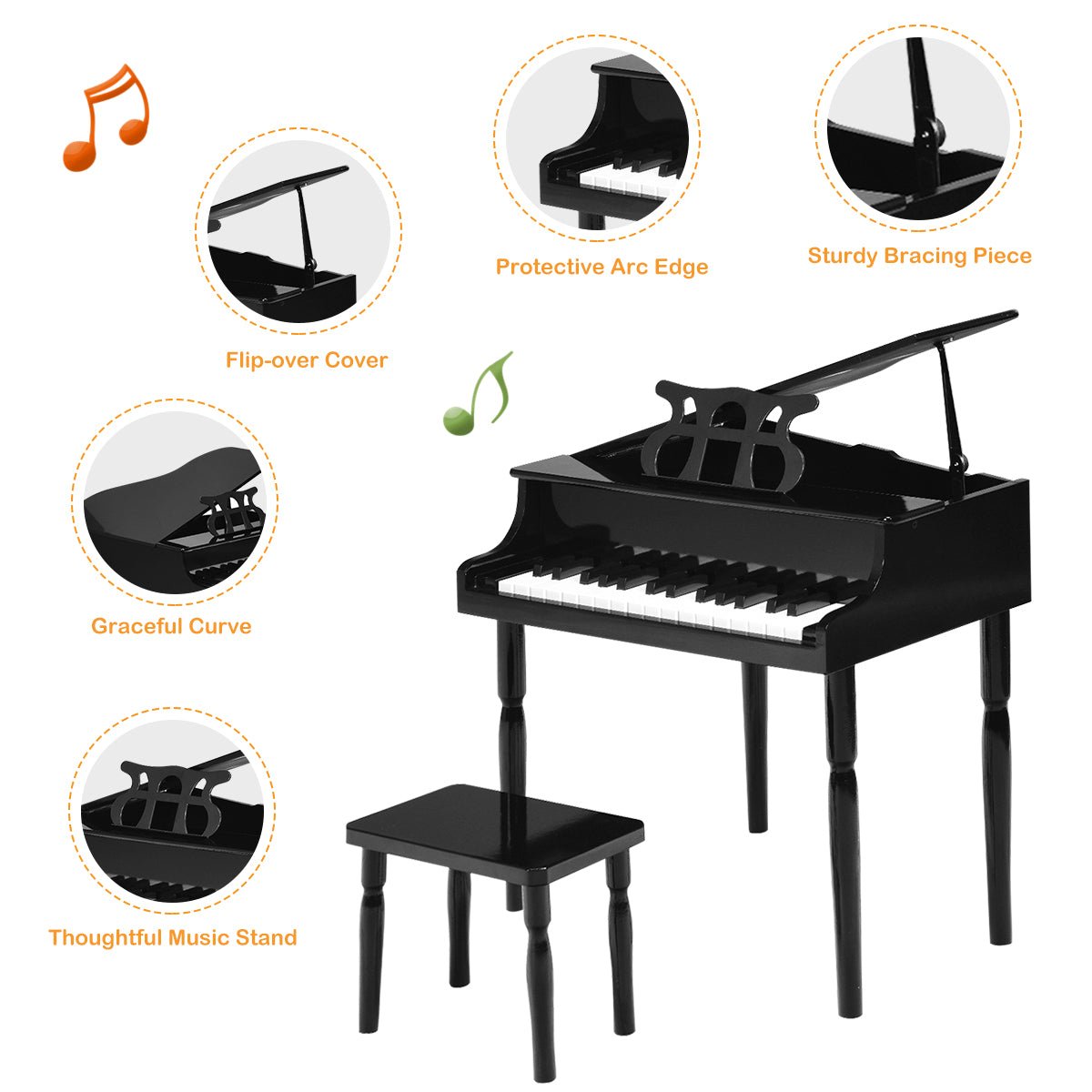 Black Beauty: 30-Key Classic Baby Grand Piano with Bench & Music Rack Black
