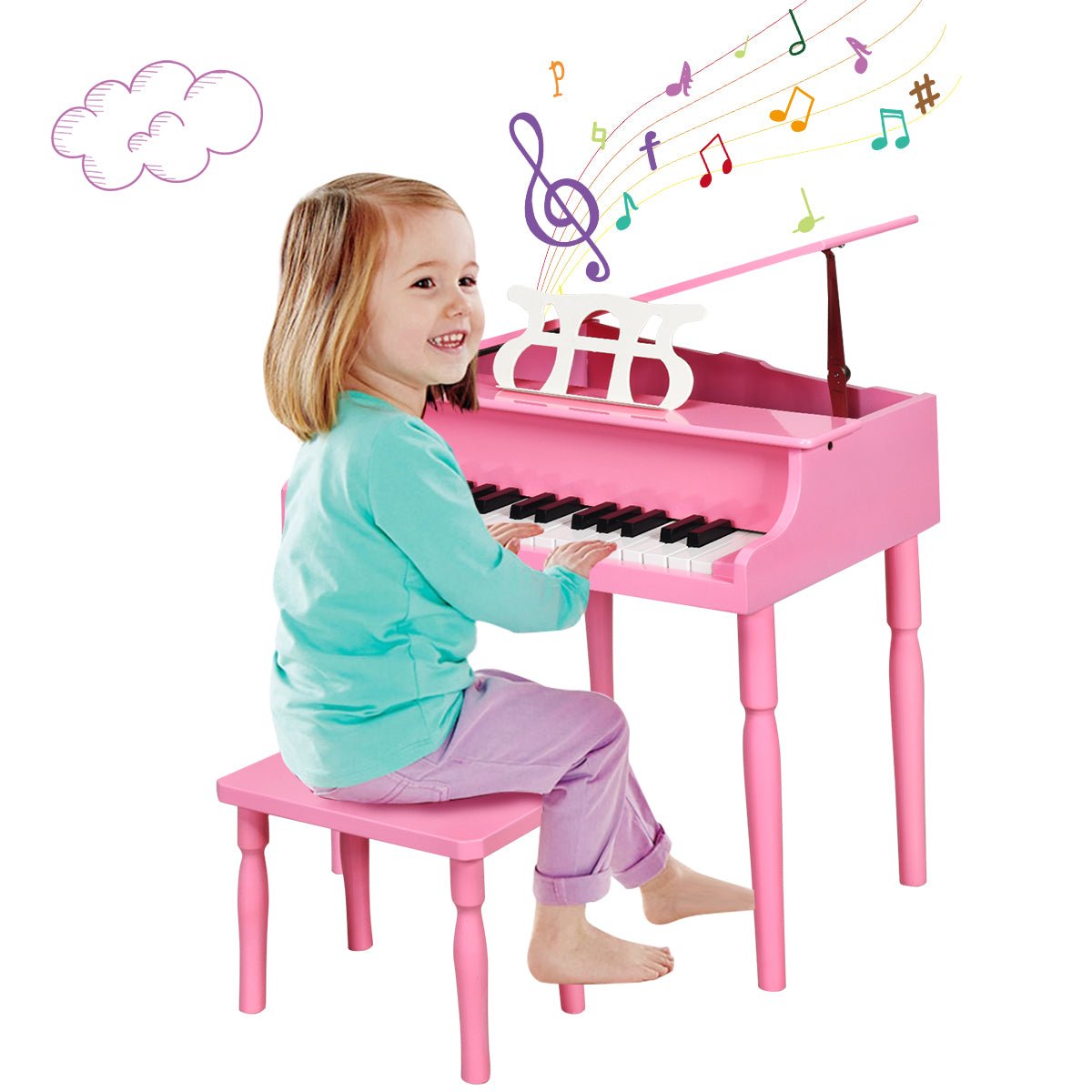 Whimsical Music: 30-Key Classic Baby Grand Piano with Bench & Music Rack Pink