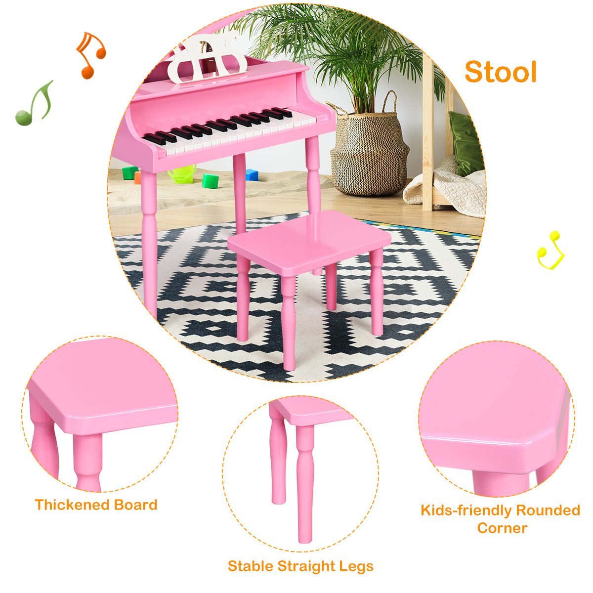 Musical Elegance: 30-Key Classic Baby Grand Piano with Bench & Music Rack Pink