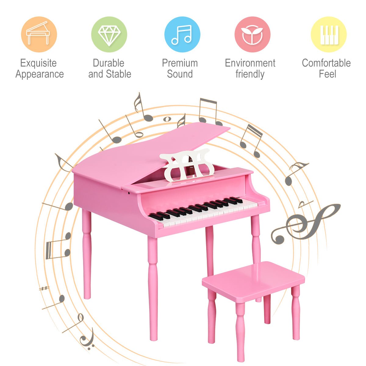 Blossoming Melodies: 30-Key Classic Baby Grand Piano with Bench & Music Rack Pink