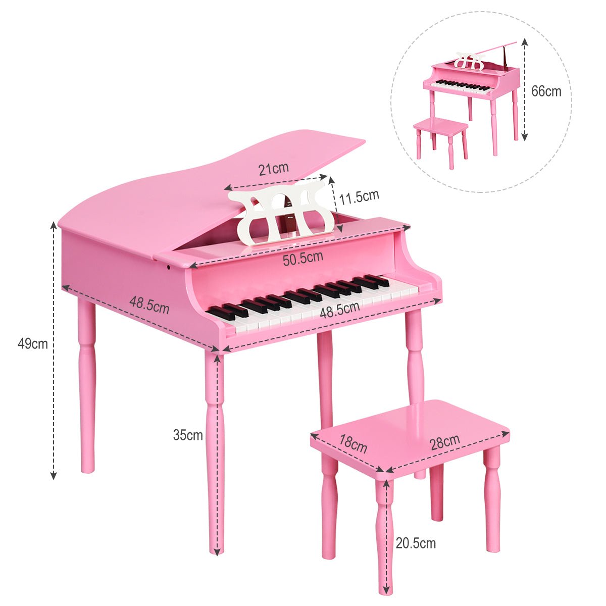 Radiant Tunes: 30-Key Classic Baby Grand Piano with Bench & Music Rack Pink