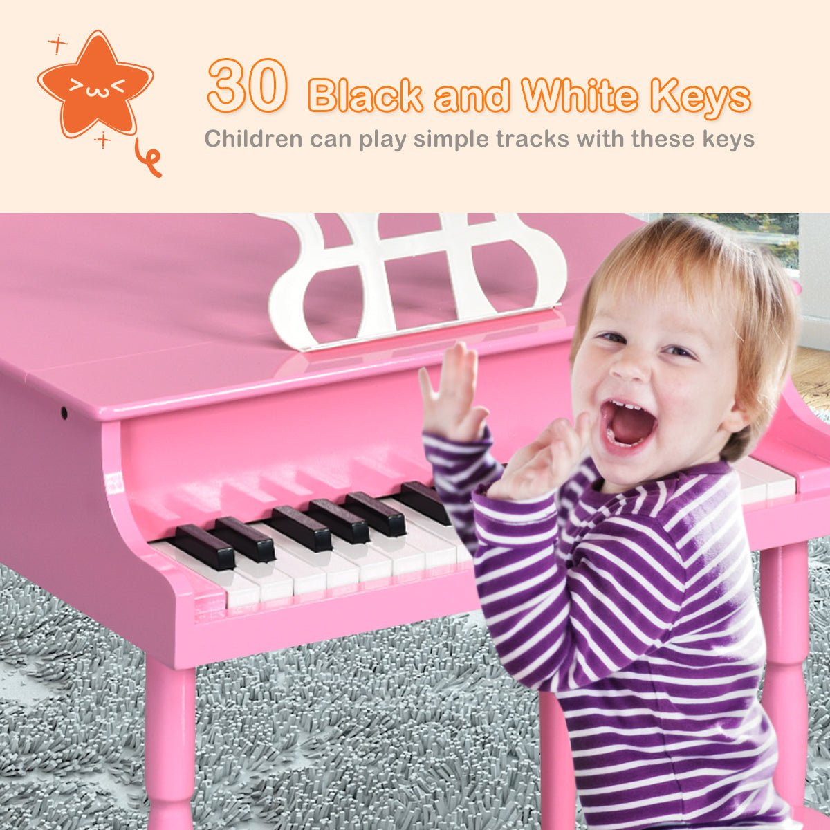 Magical Mini Piano: 30-Key Classic Baby Grand Piano with Bench & Music Rack Pink
