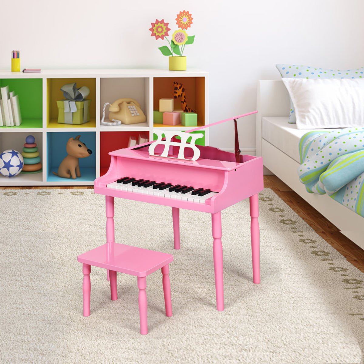 Pink Serenade: 30-Key Classic Baby Grand Piano with Bench & Music Rack Pink