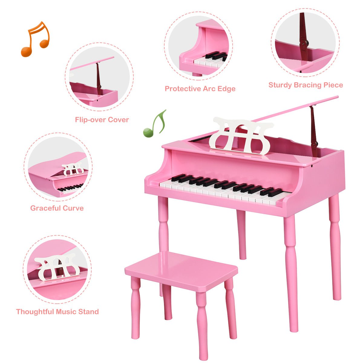Enchanted Keys: 30-Key Classic Baby Grand Piano with Bench & Music Rack Pink