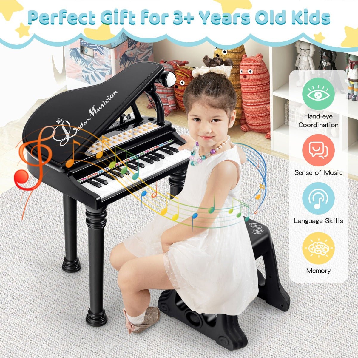 Kids Piano Keyboard with Stool and Microphone in Black - Buy Today