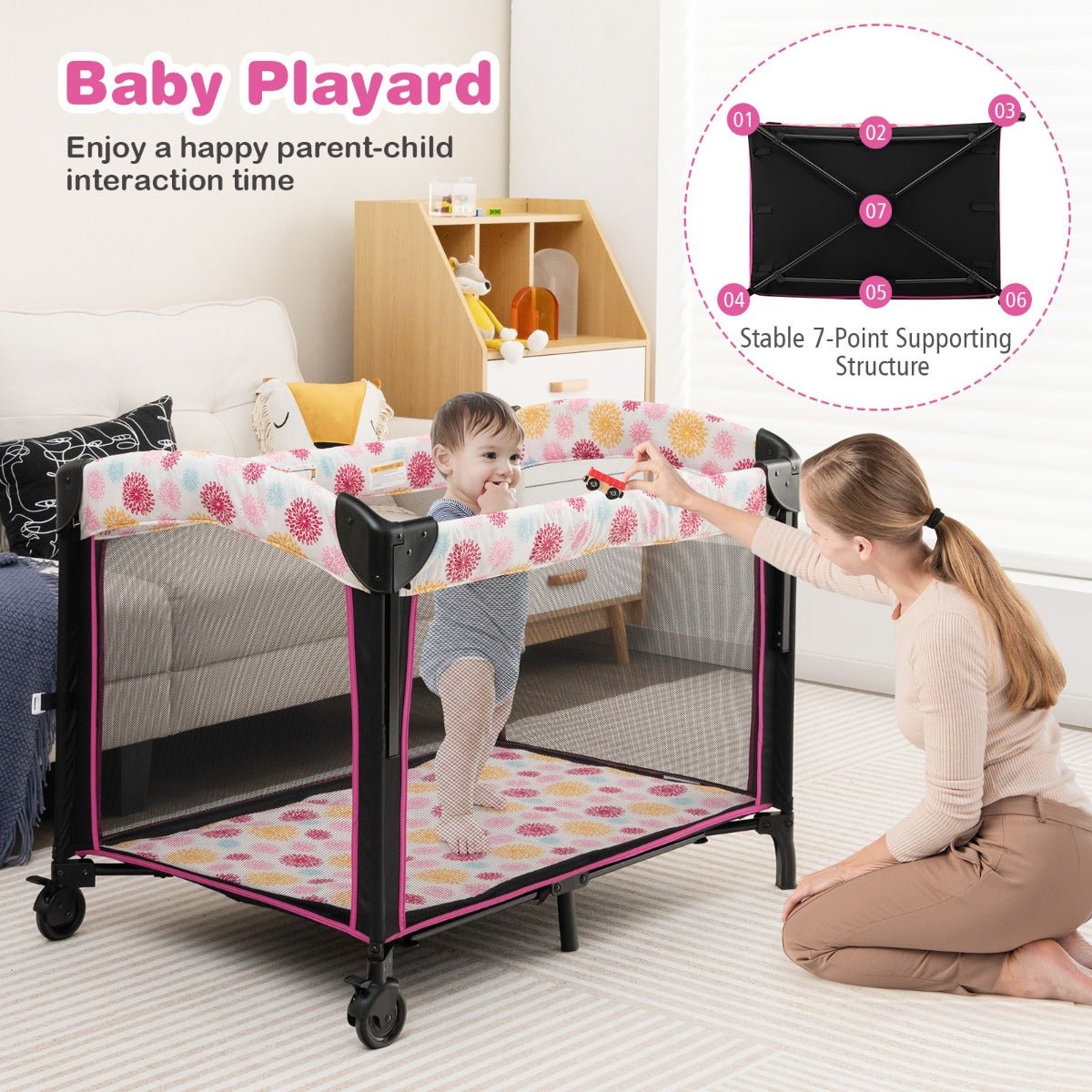 4-in-1 Convertible Baby Nursery Center with Changing Table Pink