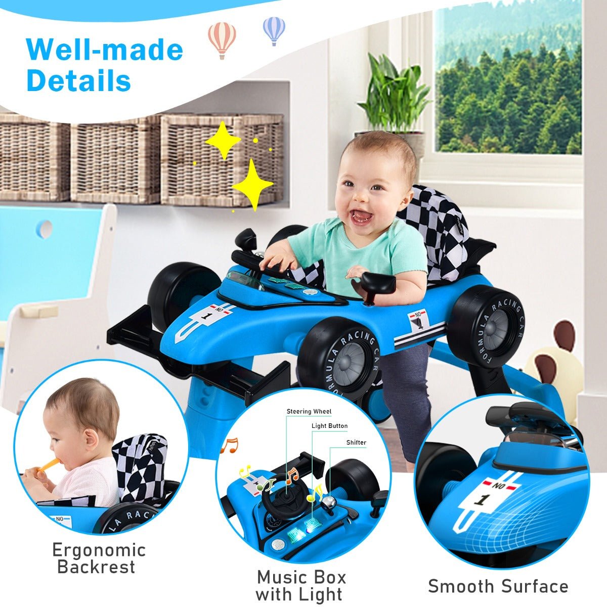 Blue Activity Car Walker: 4-in-1 Design with Adjustable Height and Speed for Active Play Blue Activity Car Walker: 4-in-1 Design with Adjustable Height and Speed for Active Play