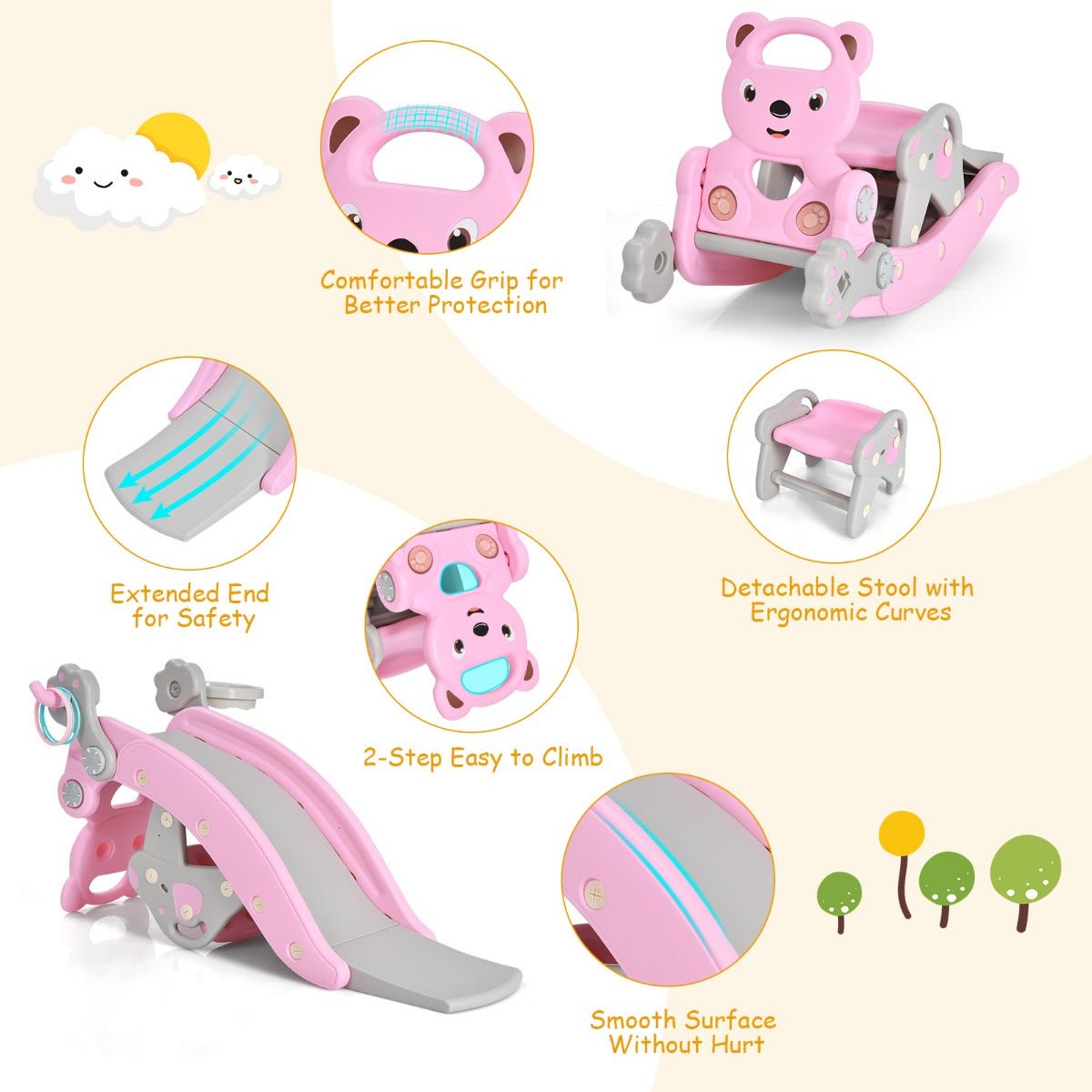 Pink 4-in-1 Rocking Horse and Slide for kids aged 1-5. Versatile playset for home fun. Pink 4-in-1 Rocking Horse and Slide for kids aged 1-5. Versatile playset for home fun.