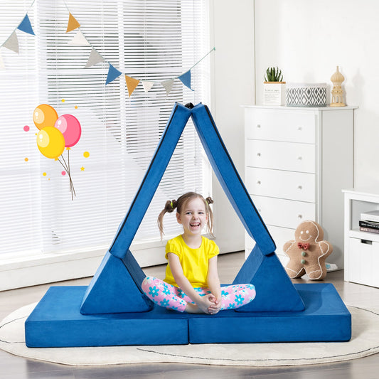 Convertible Kids Couch Bundle - 4-Piece Set with 2 Folding Mats - Toddler-Blue