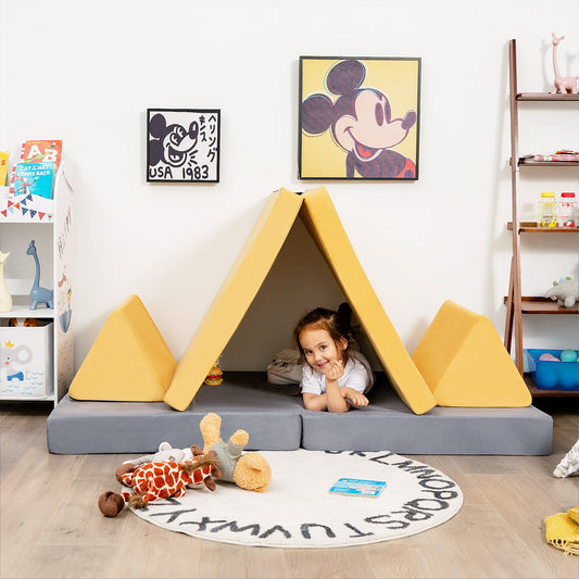 4-Piece Kids Couch Bundle - Convertible Design with 2 Folding Mats - Toddler-Yellow