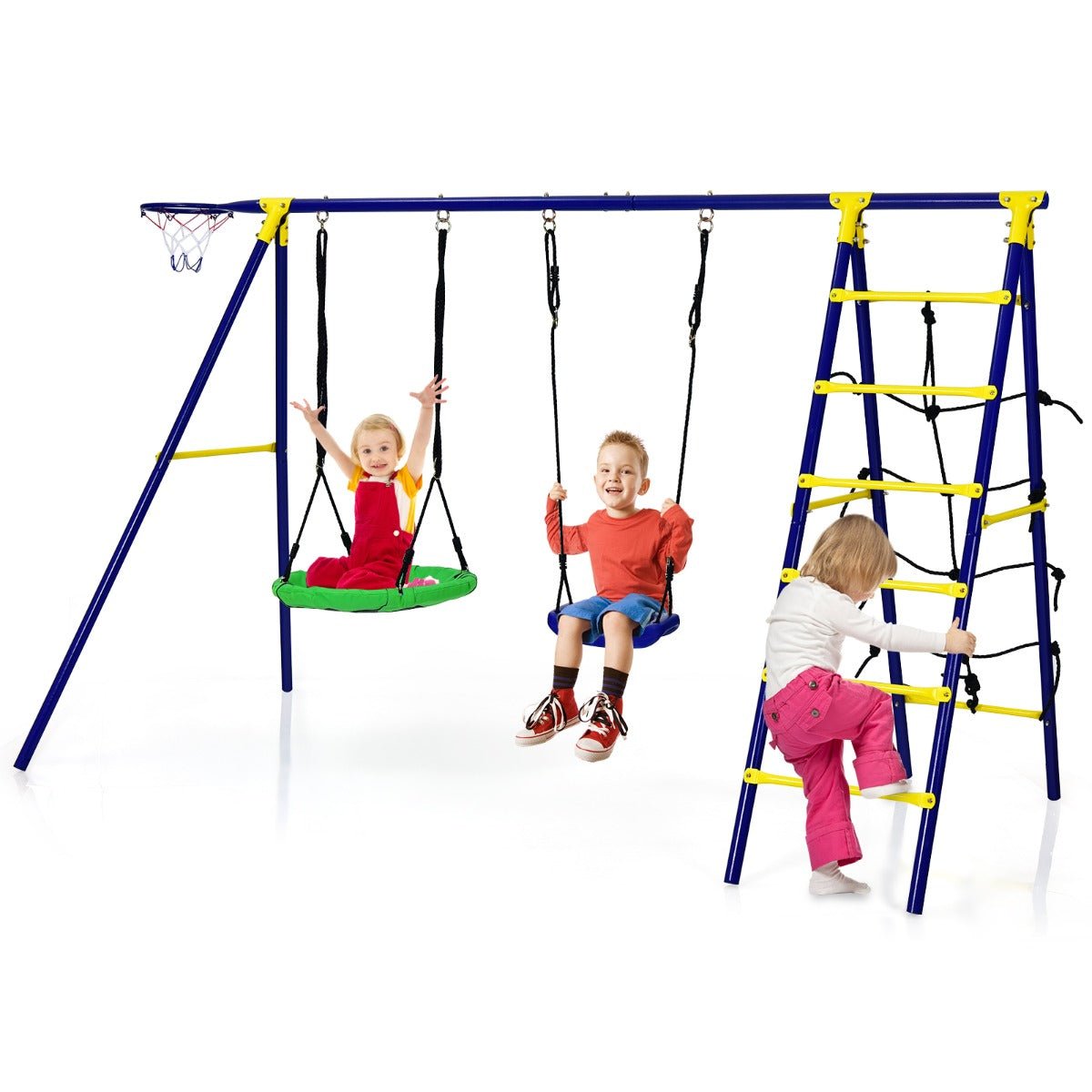 Outdoor Playtime Joy: 5-in-1 Kids Swing Set with A-Shaped Metal Frame Outdoor Playtime Joy: 5-in-1 Kids Swing Set with A-Shaped Metal Frame