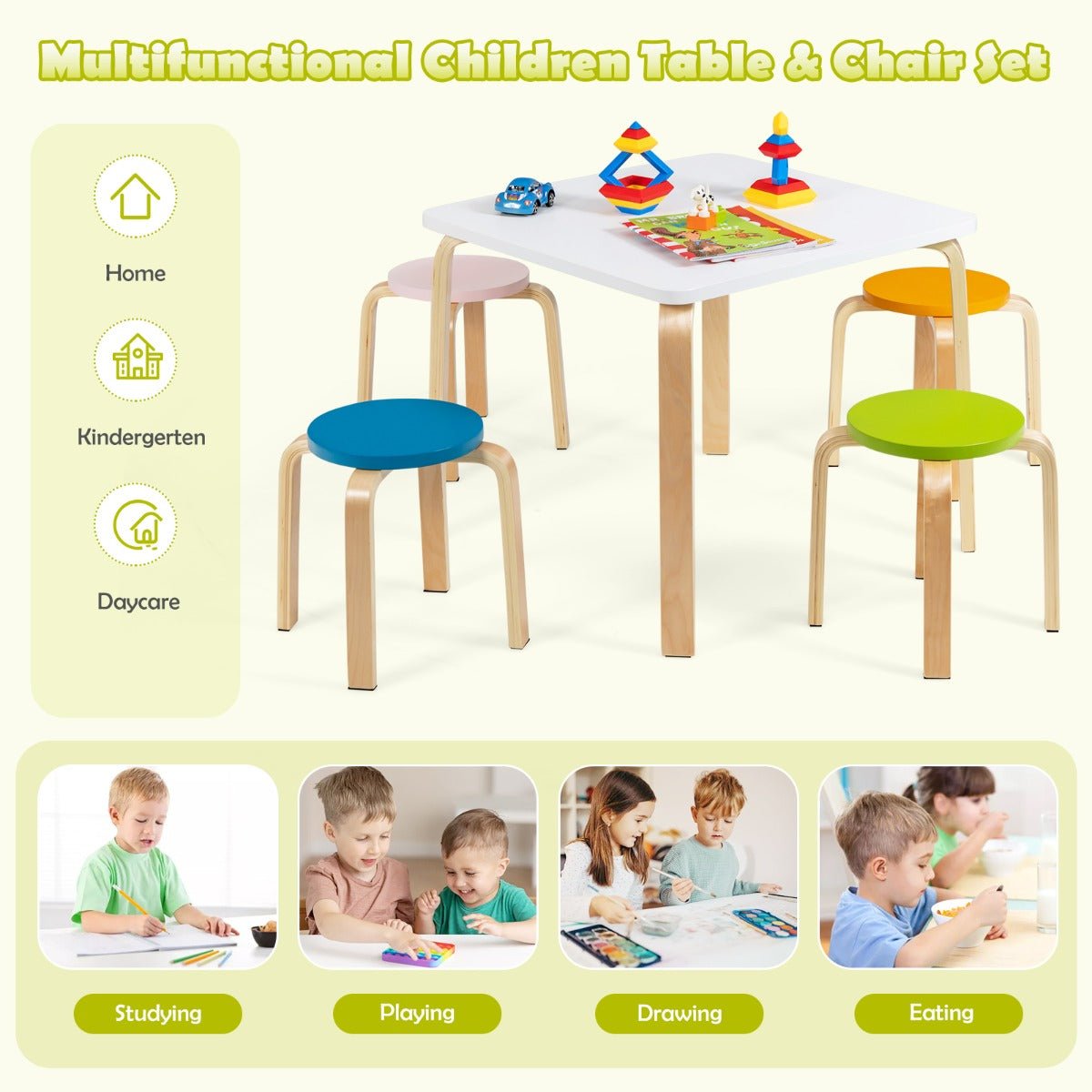 Expressive Kids Furniture: Multicolour 5-Piece Table & Chair Set for Imaginative Spaces