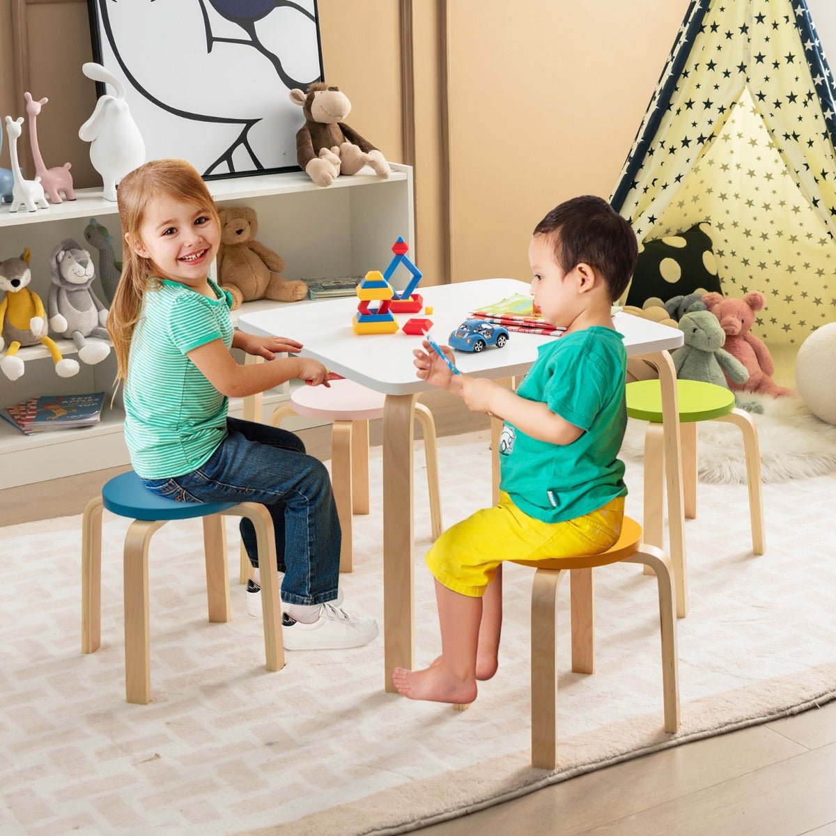 Playful Kids Furniture: Multicolour 5-Piece Table & Chair Set for Creative Spaces