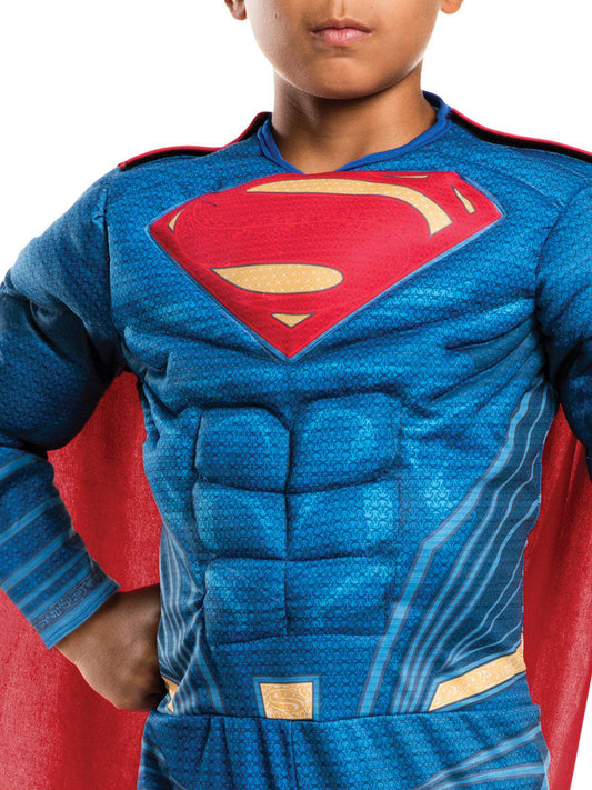 Superman Justice League muscle costume for kids, perfect for superhero dress-up at home.