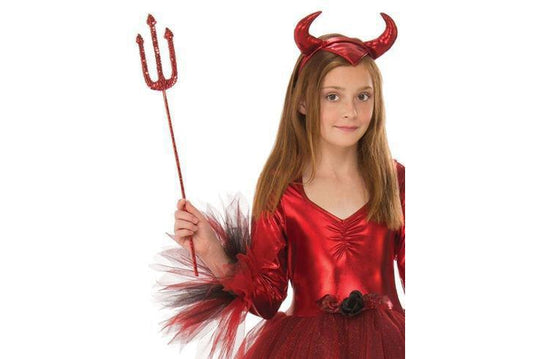 Kids devil costume set with tutu skirt and pitchfork for fun home dress-up play.