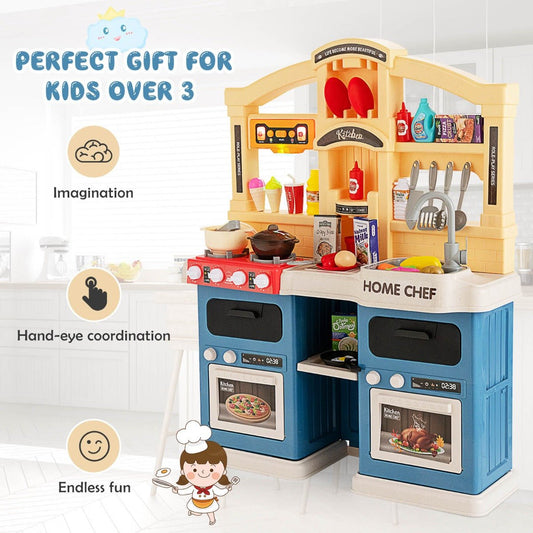 Blue kids kitchen playset with lights and sounds, 69 pieces - ideal for imaginative home play.