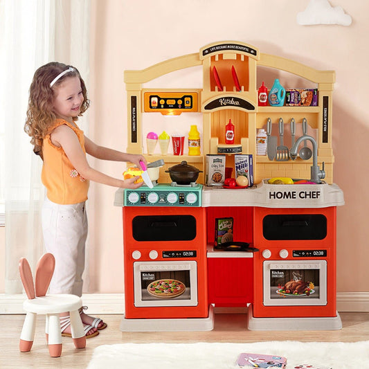 Colorful kids play kitchen set with 69 pieces and lights for imaginative home fun.