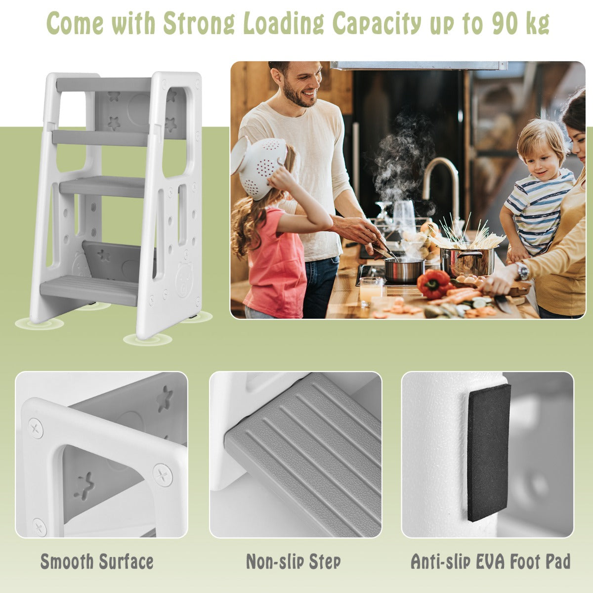 Kids adjustable step stool with safety rails for kitchen and bathroom. 3 adjustable heights. Kids adjustable step stool with safety rails for kitchen and bathroom. 3 adjustable heights.