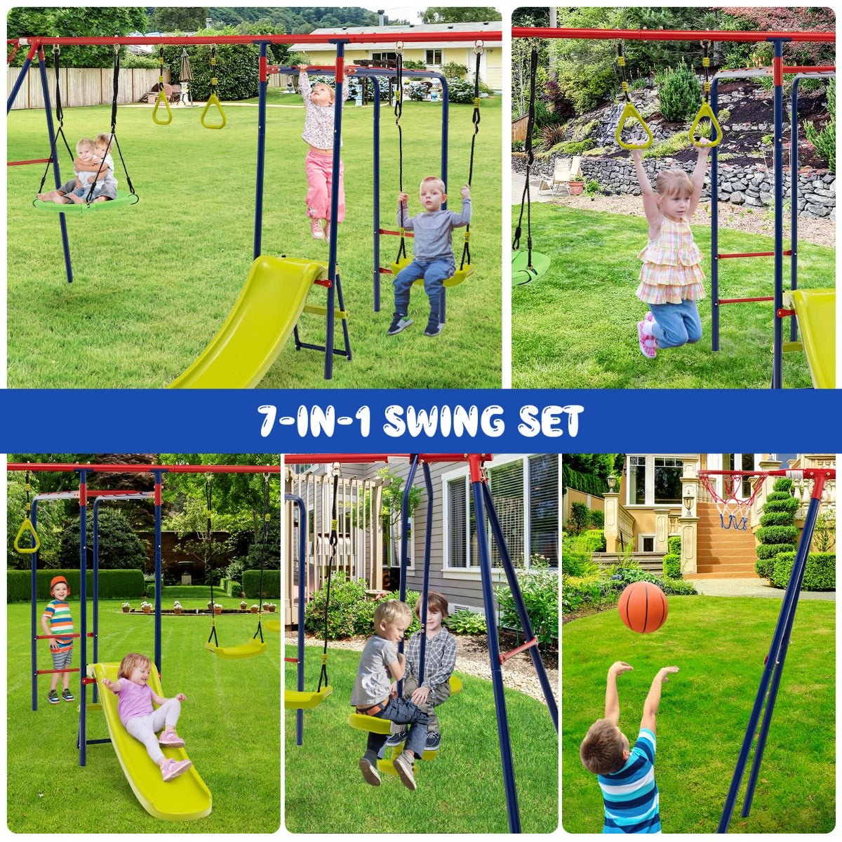 Expandable 7-in-1 Swing Set with Ground Stakes: Enjoy Every Moment