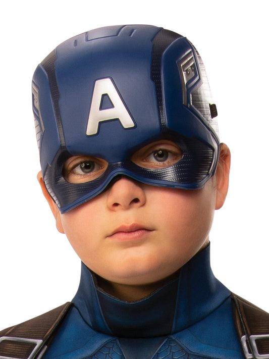 Kids Captain America costume with mask for superhero play at home, Marvel-themed fun.