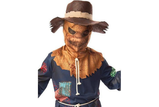 Kids Halloween costume with spooky scarecrow design for fun home dress-up play.