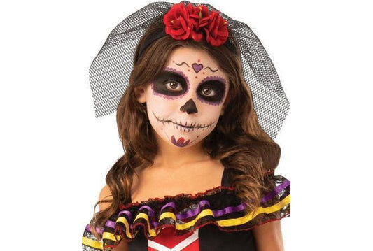 Day of the Dead girl costume set with tutu dress and headpiece for childrens dress-up.