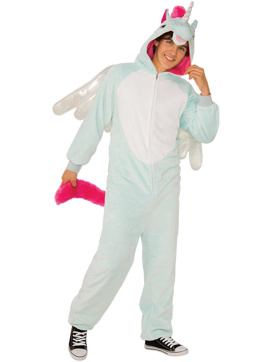 Kids Pegacorn plush jumpsuit costume with wings for imaginative play and dress-up fun.