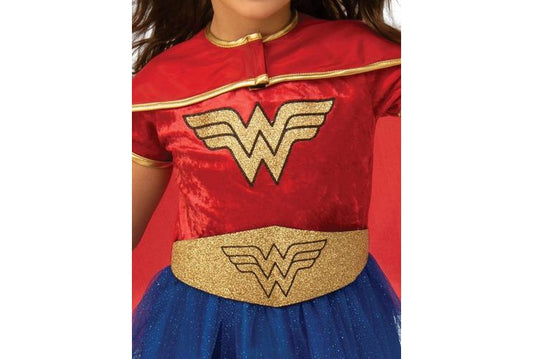Official DC Comics Wonder Woman deluxe tutu costume for girls dress-up play at home.