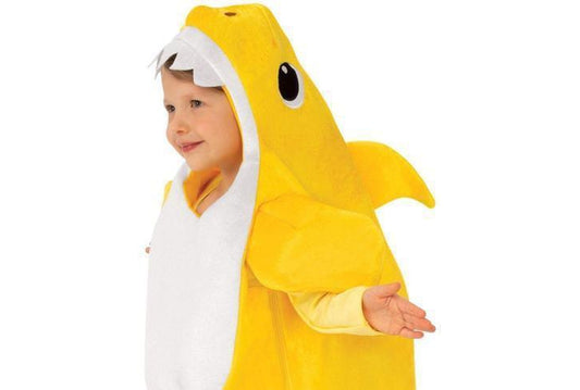 Baby Shark yellow costume with Pinkfong sound chip for interactive play and imaginative fun.
