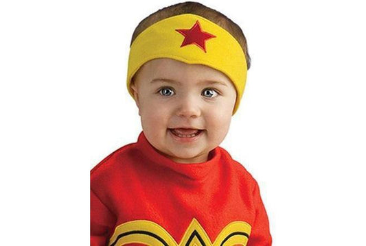 Wonder Woman baby romper costume for heroic playtime, featuring official DC Comics design.