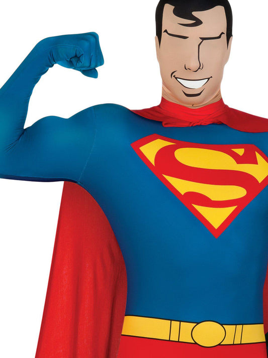 Superman skin-tight costume with cape, officially licensed by DC Comics, perfect for playtime.