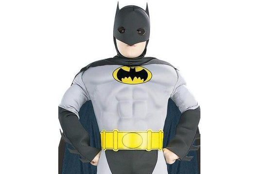 Kids Batman costume with muscle padding, perfect for home dress-up fun and playtime.